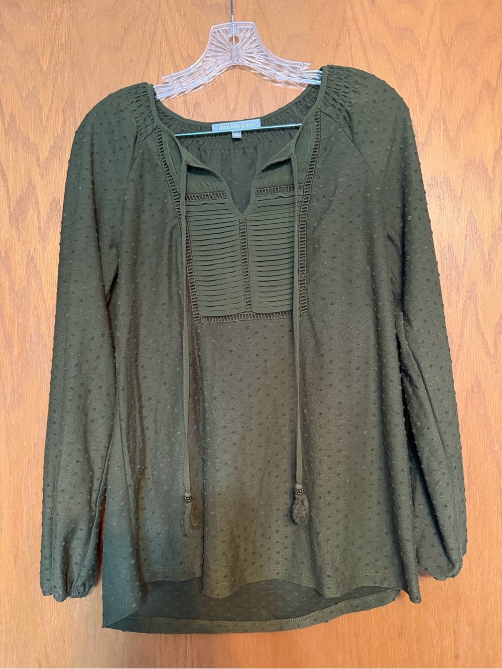Daniel Rainn Olive Green Textured Peasant Top with Tie Front